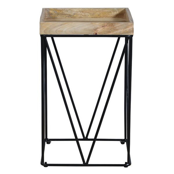 24 Inch Industrial End Side Table， Mango Wood Square Tray Top， V Shape Iron Accent， Brown， Black