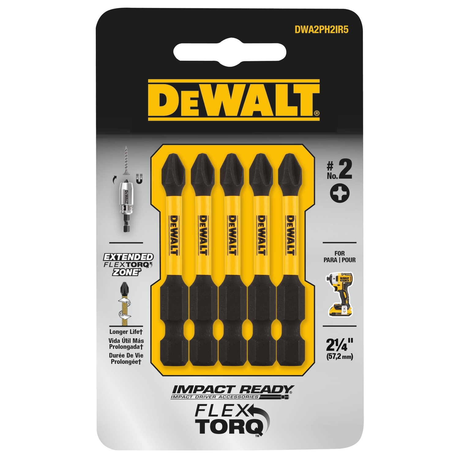 DW Impact Ready Phillips #2 X 2-1/4 in. L Screwdriver Bit Steel 5 pc