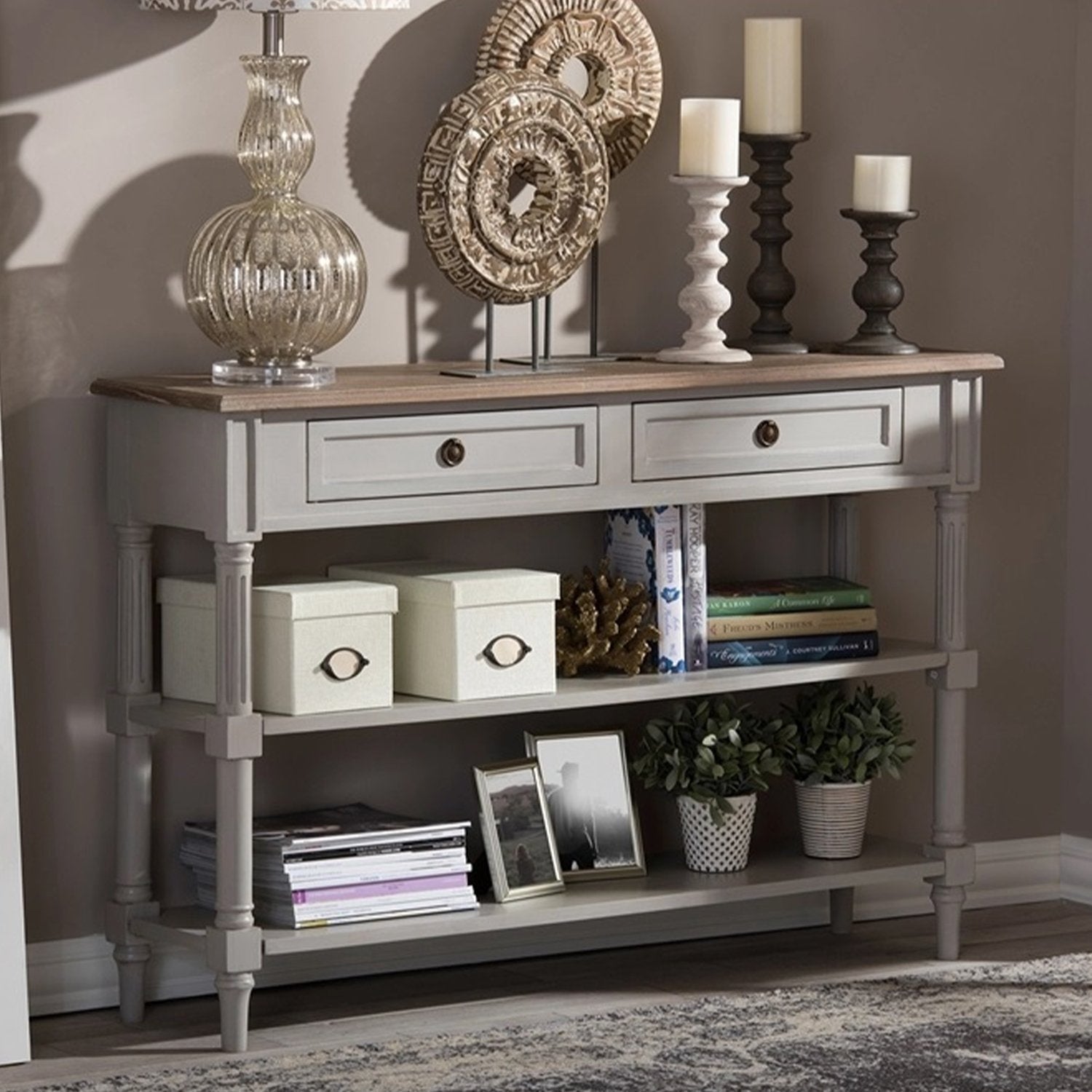 Edouard French Provincial Style White Wash Distressed Wood and Grey Two-tone 2-drawer Console Table