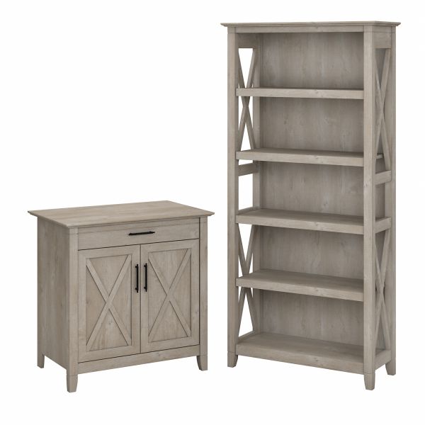 Bush Furniture Key West Secretary Desk with Storage and 5 Shelf Bookcase in Washed Gray