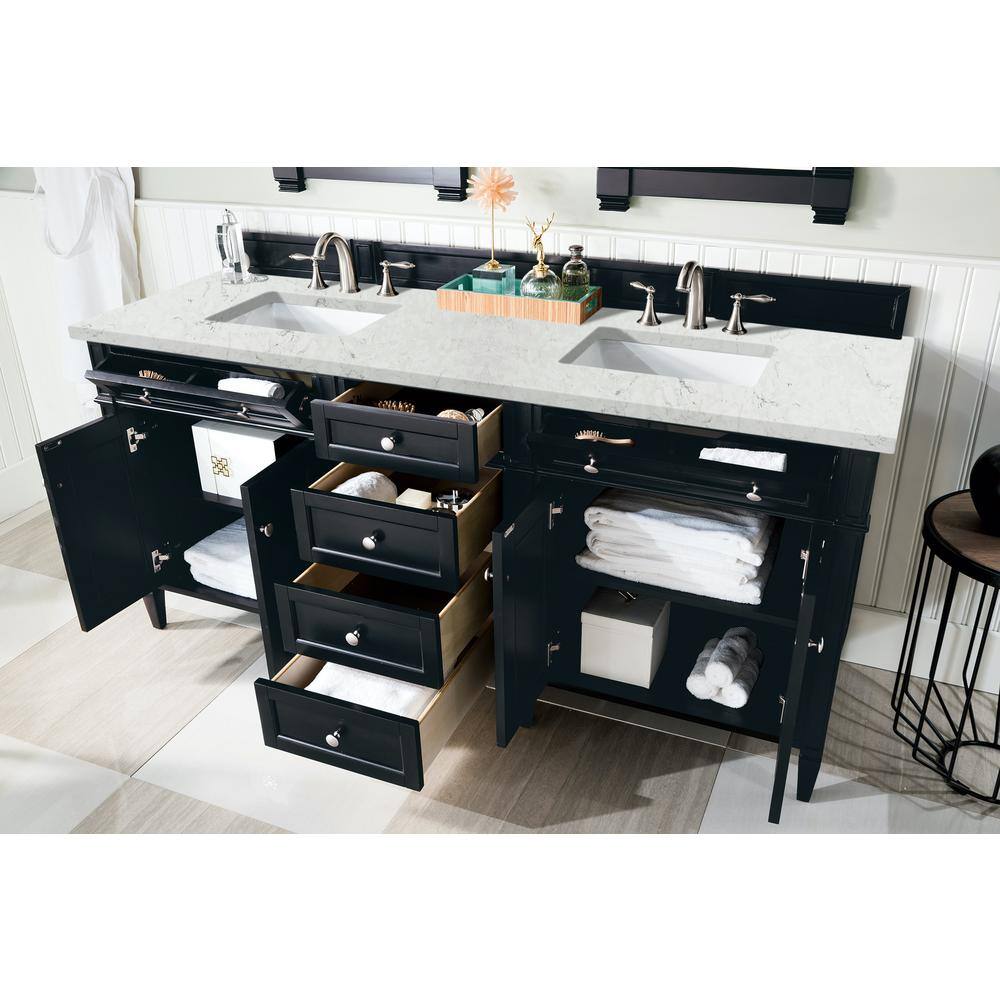 James Martin Vanities Brittany 72 in. W x 23.5 in. D x 34 in. H Double Bath Vanity in Black Onyx with Eternal Jasmine Pearl Quartz Top 650-V72-BKO-3EJP