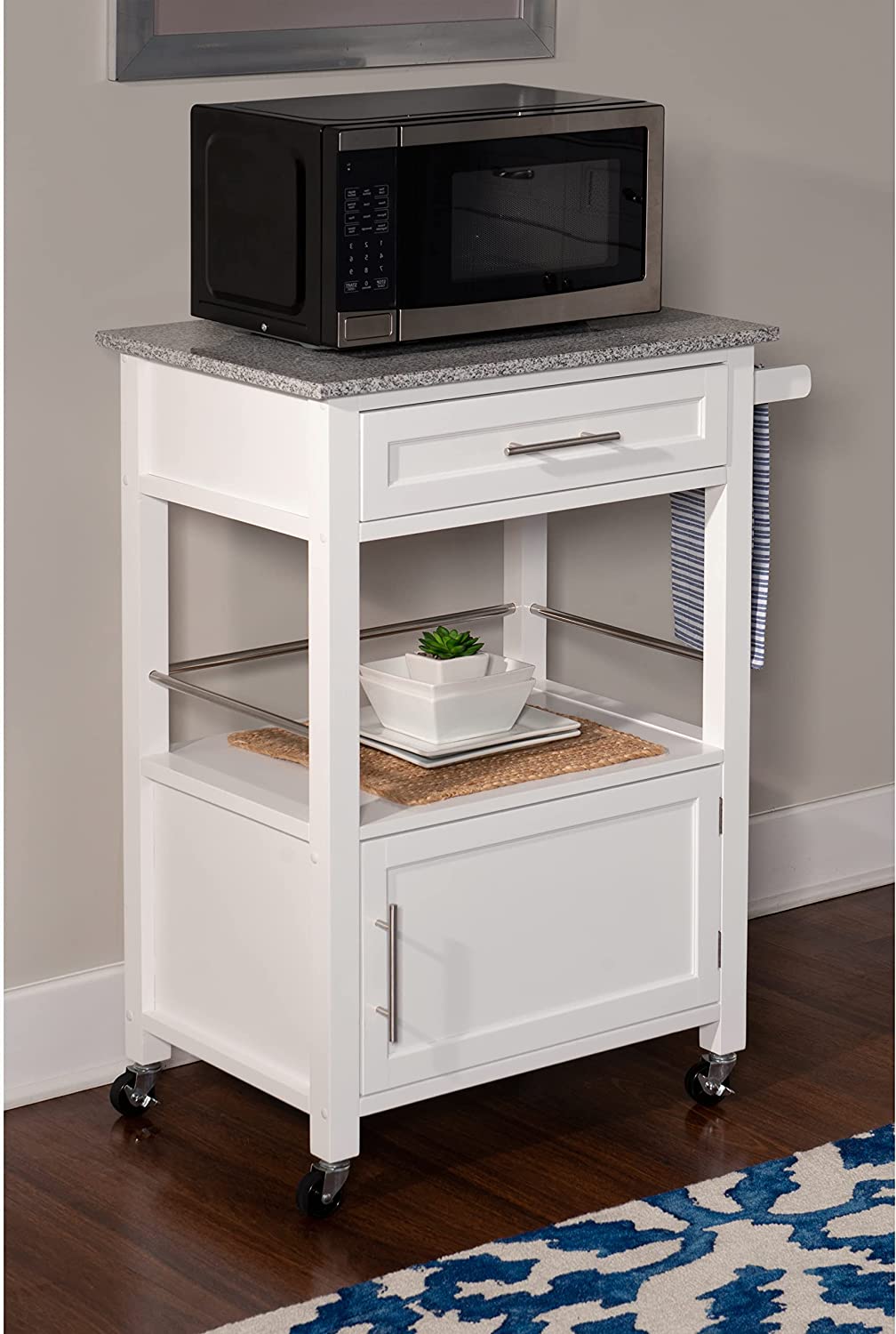 Linon White Wood Base with Mdf Granite Top Rolling Kitchen Cart (27-in x 18-in x 36-in)