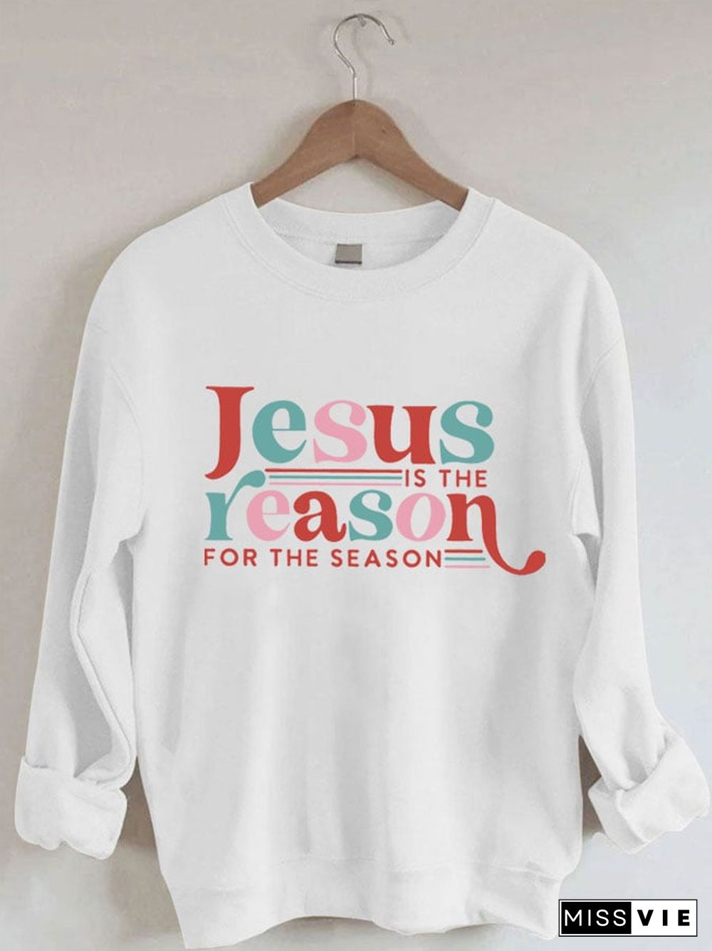 Women's Retro Jesus Is The Reason For The Season Print Long Sleeve Sweatshirt