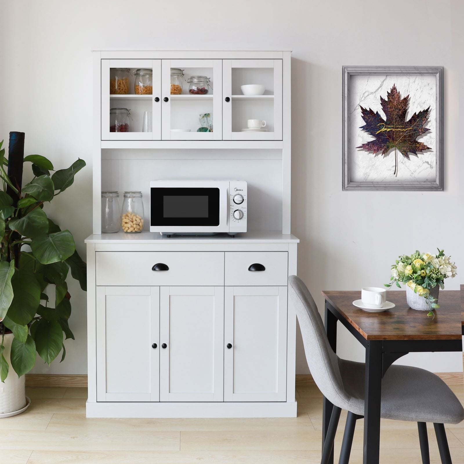 VEIKOUS  Kitchen Pantry Cabinet Storage Hutch with Microwave Stand and Shelves White