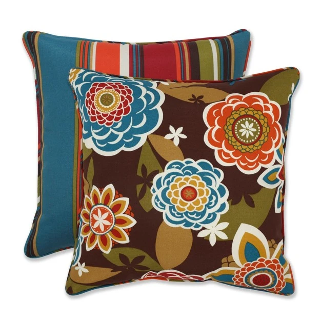 Outdoor 2 piece Reversible Square Toss Pillow Set Brown turquoise Floral stripe