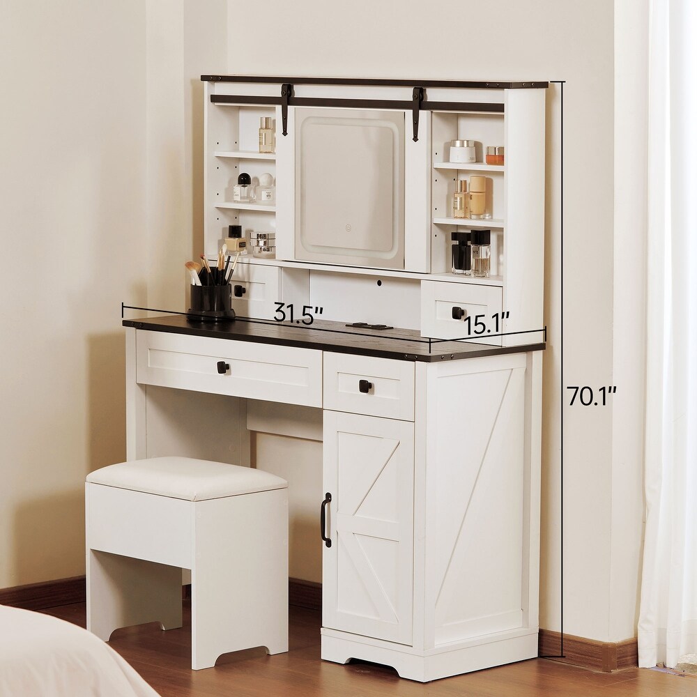 Farmhouse 42'' Makeup Vanity Desk with lighted Sliding Mirror Glass Tabletop 2 Drawers   Shelves  Stool Included.