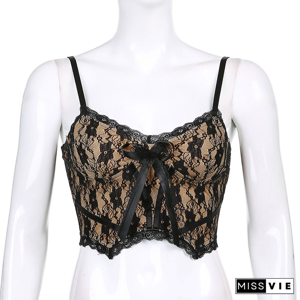 Womens Sexy Floral Lace Camisole Sleeveless Spaghetti Strap V Neck Crop Cami Tops With Bow