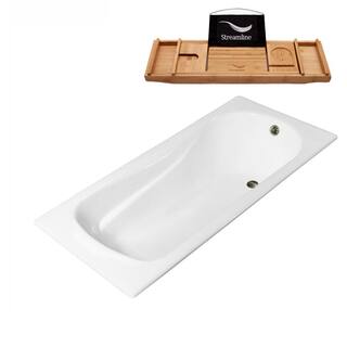 Streamline 59 in. Cast Iron Rectangular Drop-in Bathtub in Glossy White with Brushed Nickel External Drain and Tray R5620BNK