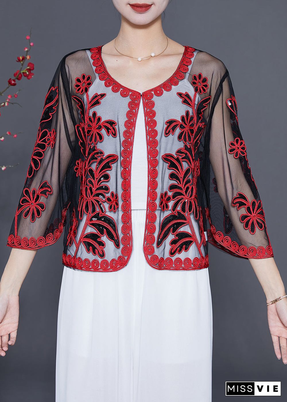 French Red Sequins Embroideried Tulle Loose Cardigan Summer