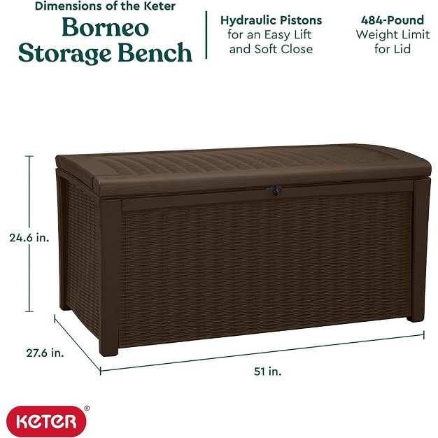 Keter Borneo 110 Gallon All Weather Weatherproof Rattan Wicker Resin Outdoor Backyard Patio Porch Deck Organization Storage Box Bench Brown 2 Pack