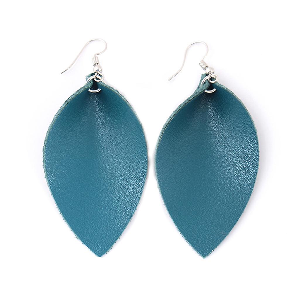 Women Fashion Ethnic Style Leaves Water Drop Artificial Leather Hook Earrings Blue