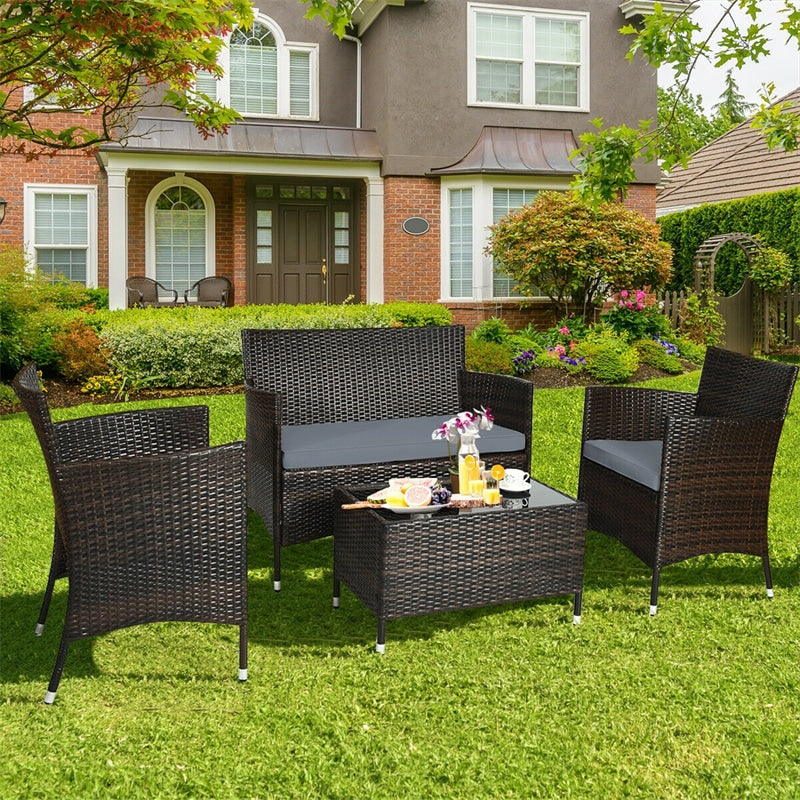 4 Pcs Rattan Wicker Patio Conversation Sets with Loveseat, Single Sofas, Coffe Table, Outdoor Bistro Set