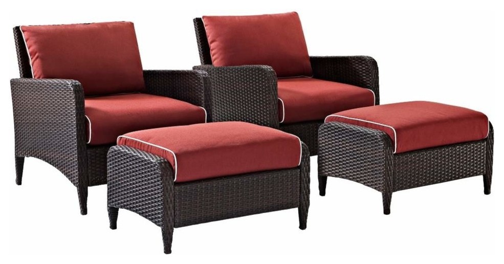 Kiawah 4 Piece Outdoor Wicker Seating Set With Sangria Cushions   Tropical   Outdoor Lounge Chairs   by Crosley  Houzz