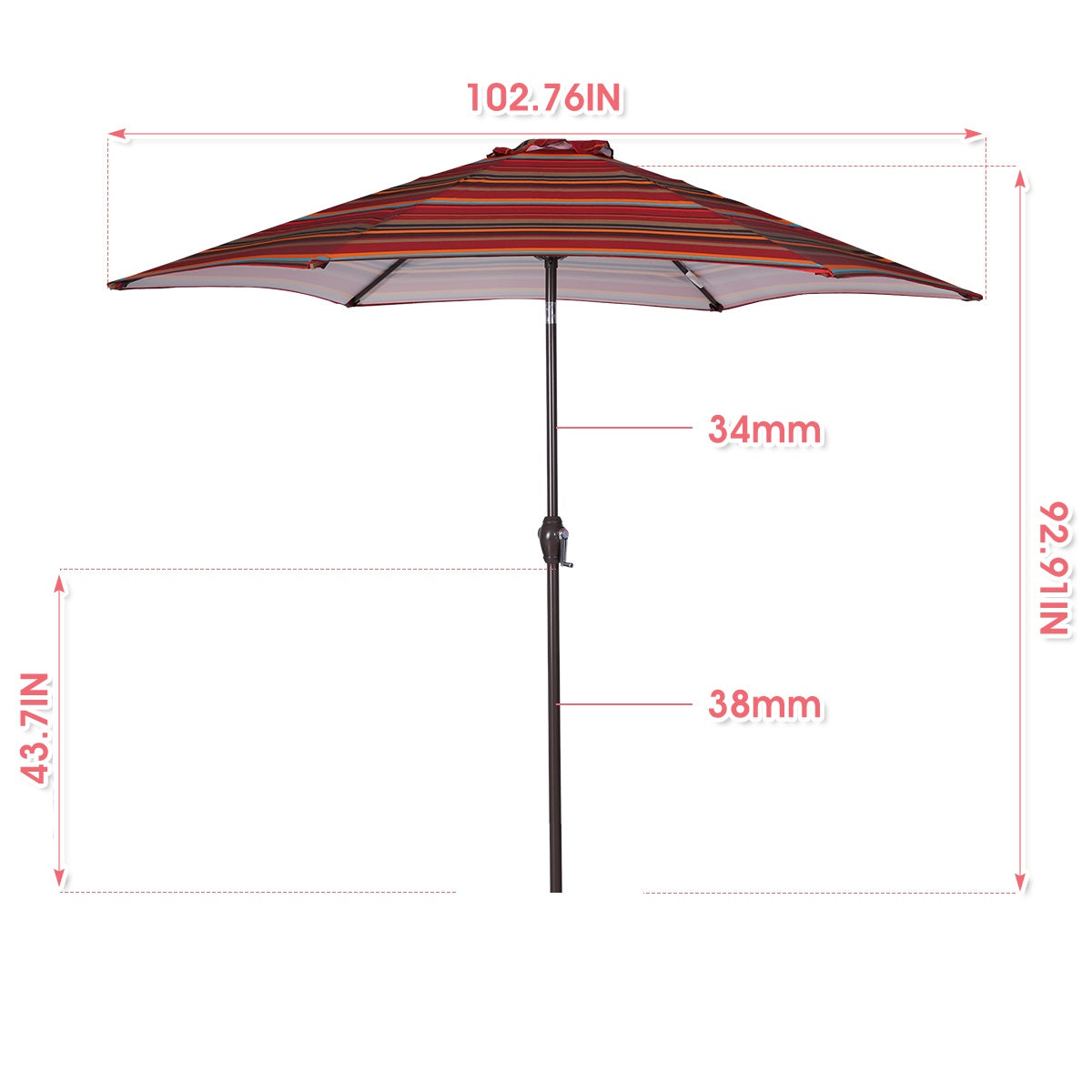 Outdoor Patio 8.6-Feet Market Table Umbrella with Push Button Tilt and Crank, Red Stripes[Umbrella Base is not Included]