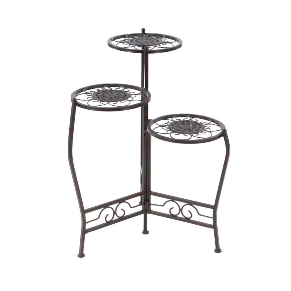 Litton Lane 18 in. Brown Metal Floral Indoor Outdoor 3 Tier Plantstand 41331