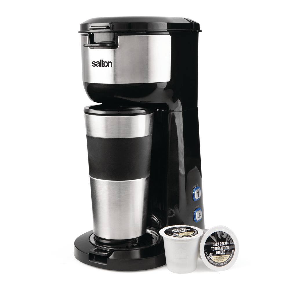 Salton 1.75-Cup 2-in-1 Black 1-Touch Single Serve Travel Coffee Maker with LED Buttons FC1952