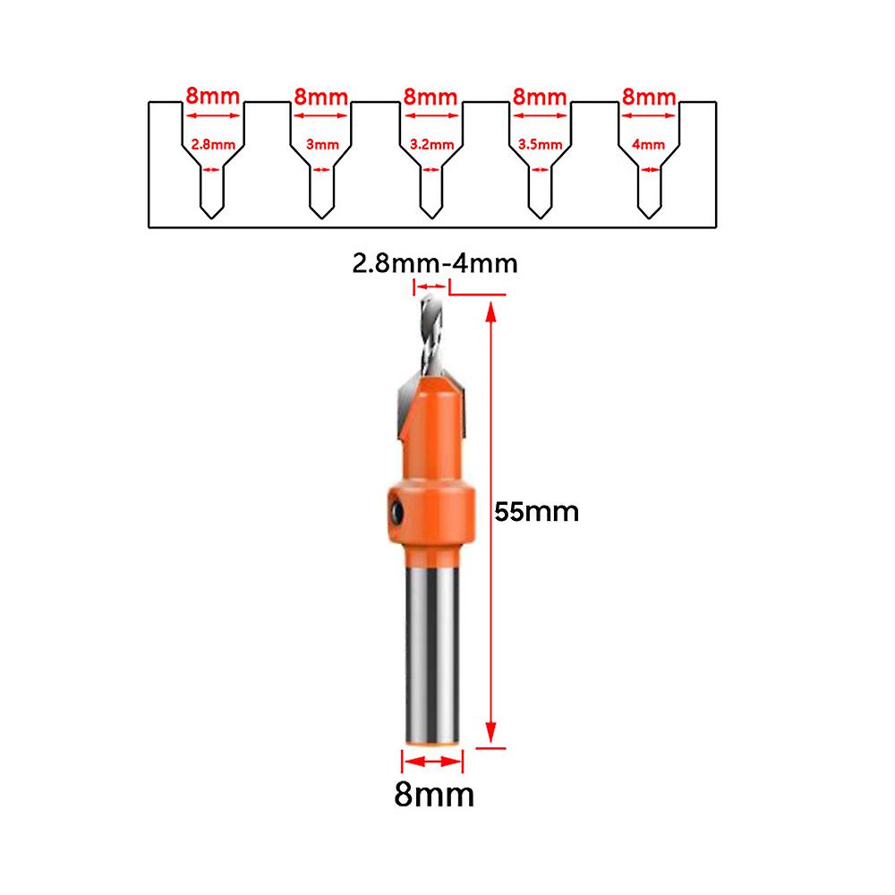 5pcs Woodworking Countersink Drill Bit Set 8mm Round Shank Alloy Bit For Wood Milling Cutter Making 2.8-4mm Screw Hole Silver