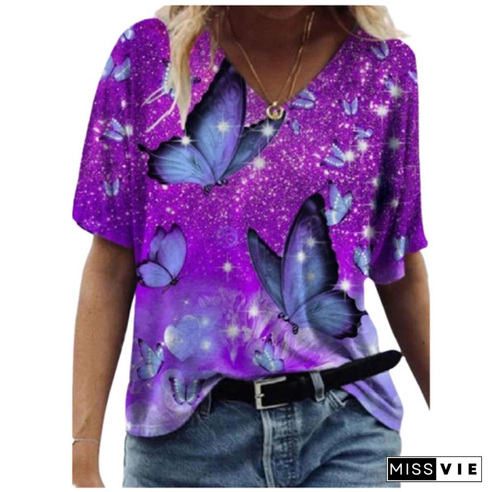 Women 3D Flower Print T Shirt Abstract Top Summer New Fashion Street Casual V-Neck Loose Tee Oversized Ladies Cotton Tops Plus Size XS-8XL