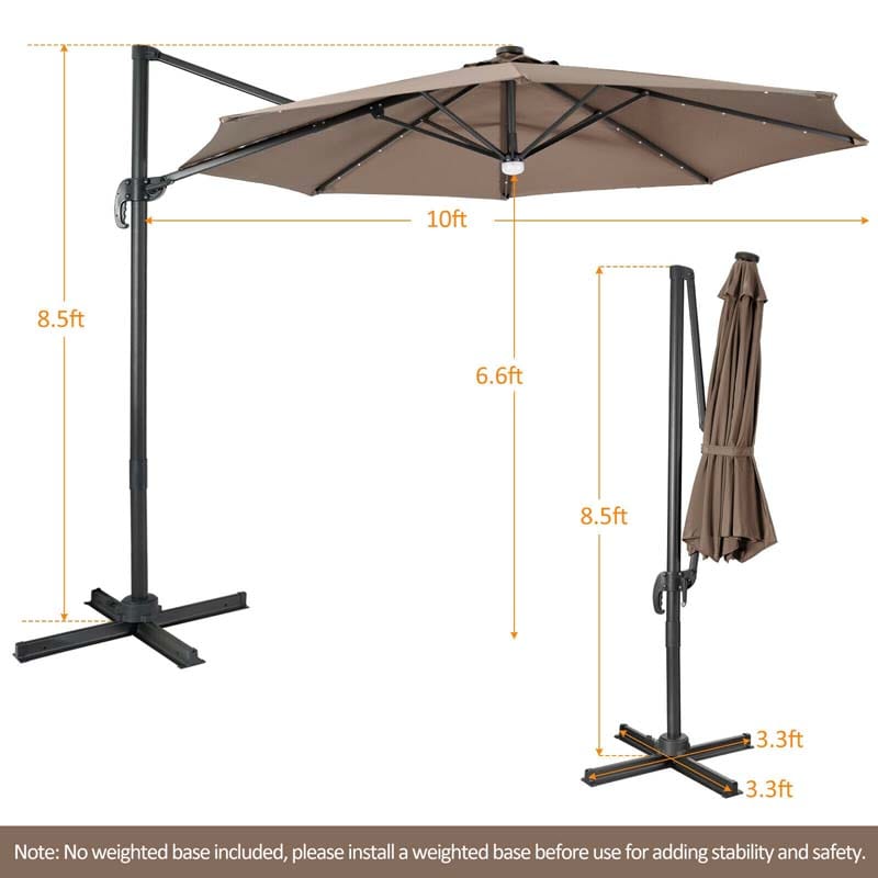 10 FT Cantilever Offset Patio Umbrella 28 Solar LED Lighted Market Umbrella with 3-Tilt Position, Crossed Base