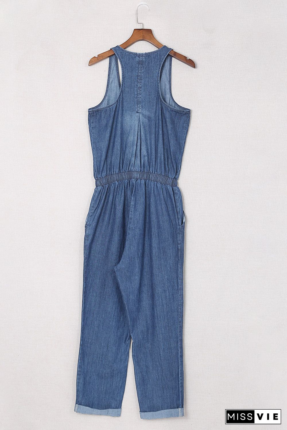 Blue High Waist Buttons Sleeveless Denim Romper