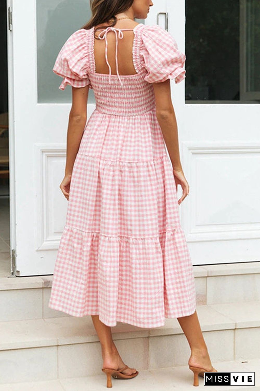 Plaid Square Neck Puff Sleeve Midi Dress