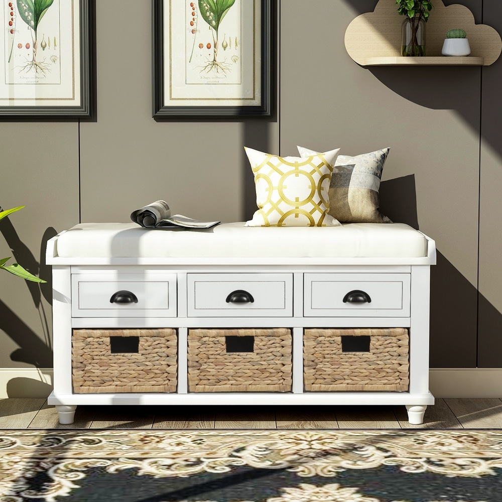 Storage Bench with Drawers and Rattan Baskets Entryway Shoe Bench