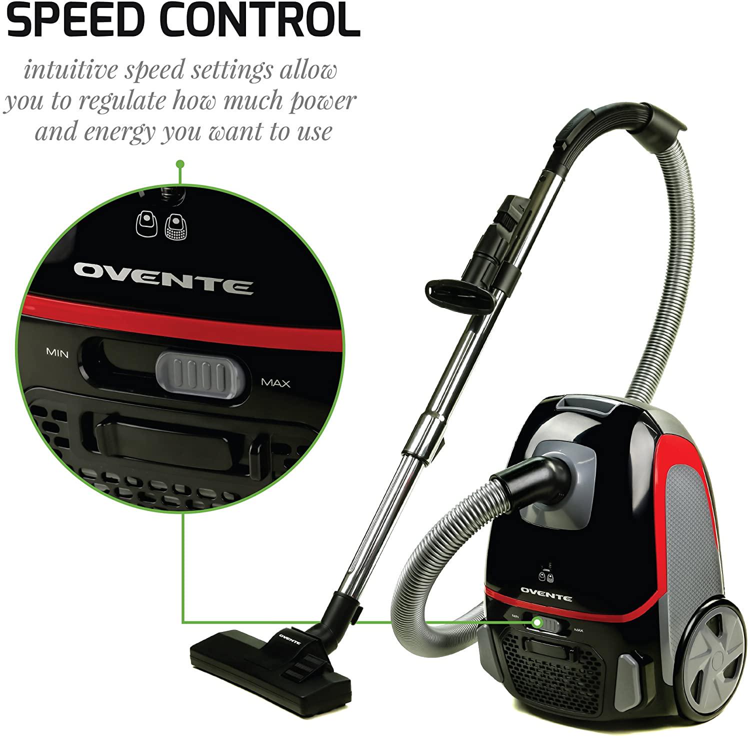 Ovente Electric Bagged Lightweight Canister Vacuum Cleaner with 2 Speed Control， Powerful Portable Suction Machine with 3 Cleaning Attachments for Hard Floor and Carpet， Black ST1600B