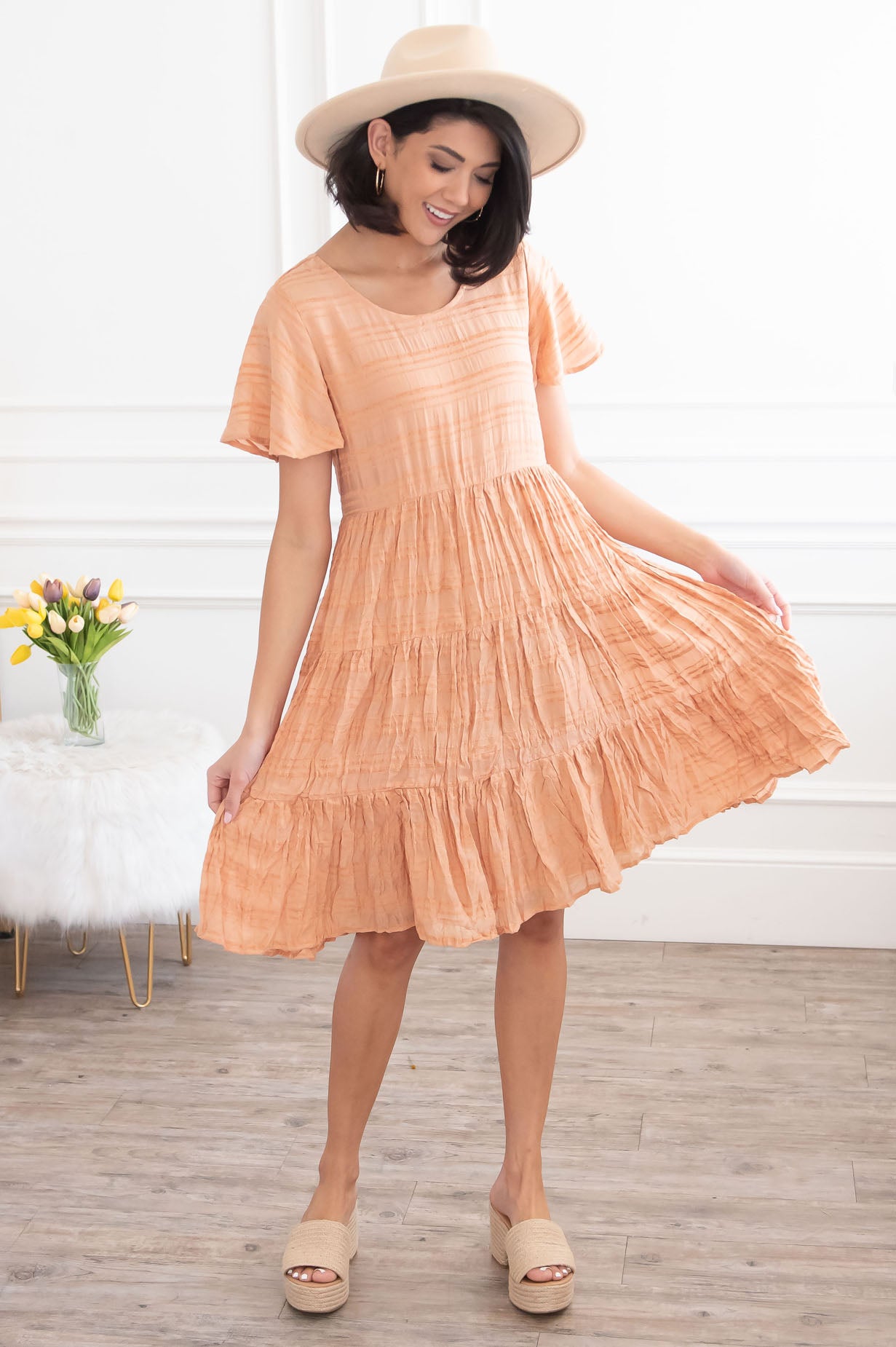 Short Sleeve Midi Dress-Apricot