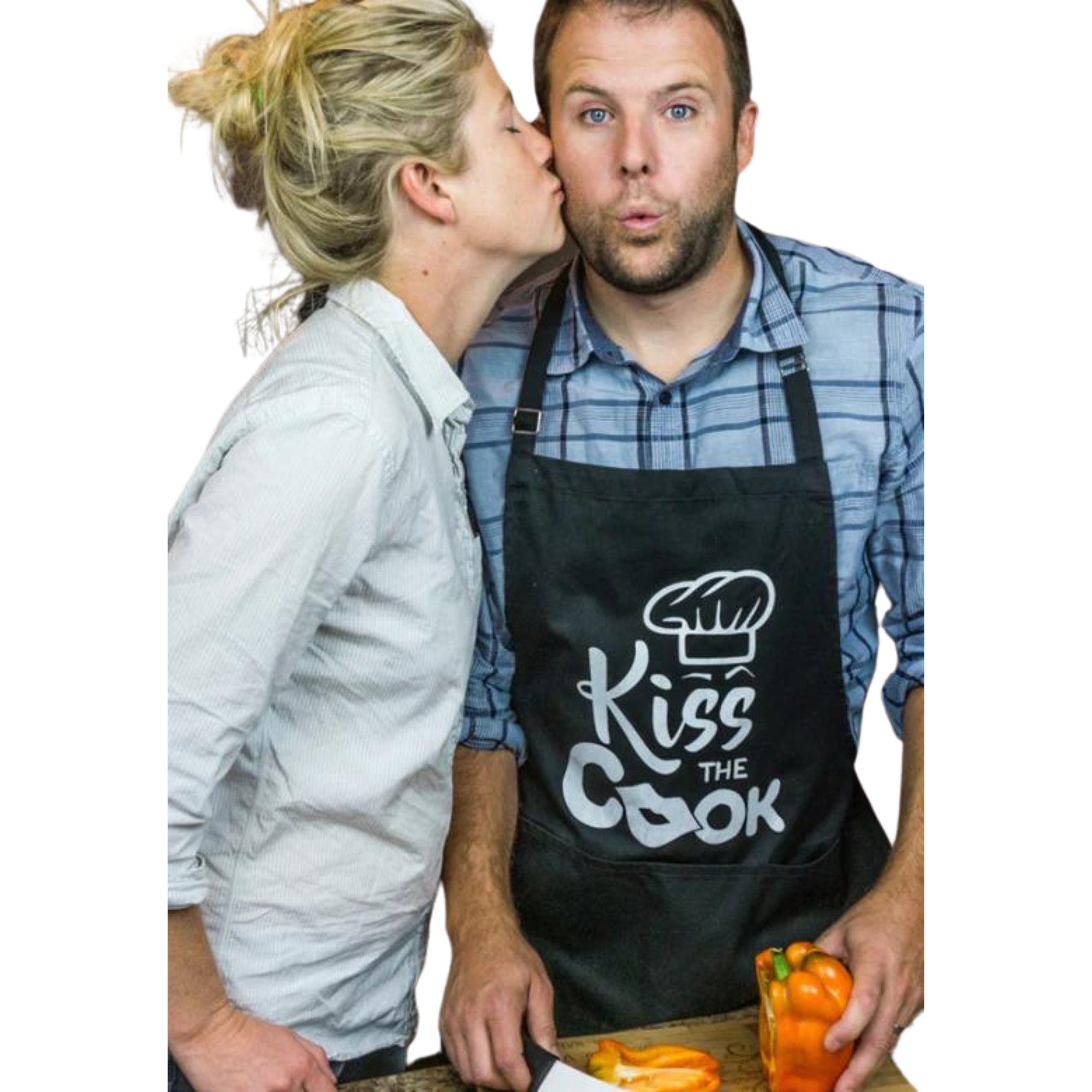 ApronMen, Funny Aprons For Men - Kiss the Cook - 100% Cotton with Pockets - Black