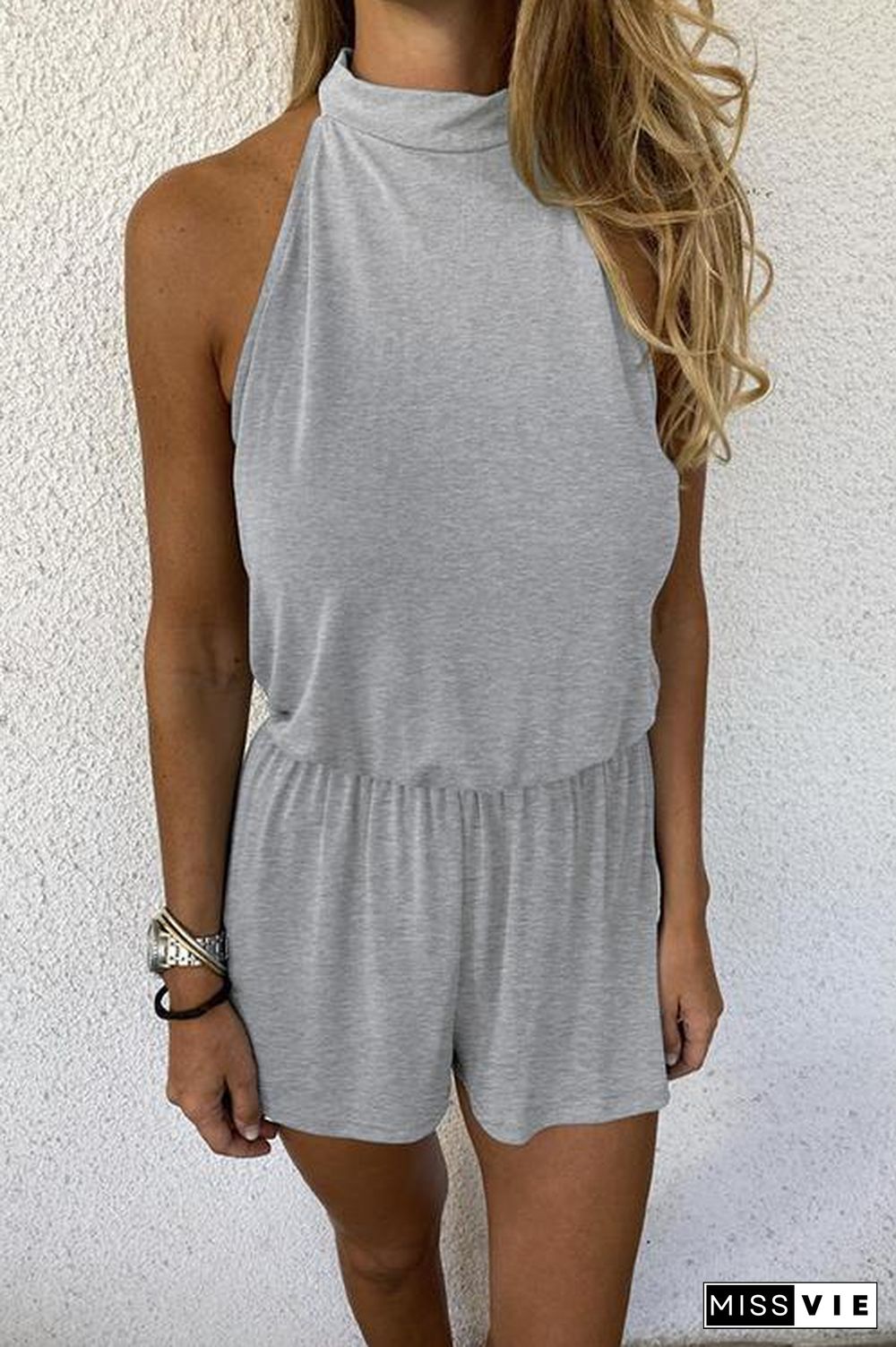 Solid Sleeveless Open Back Romper