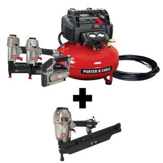 Porter-Cable 6 Gal. 150 PSI Portable Electric Air Compressor 16  18 GA Nailer 38 in. Stapler and Framing Nailer 4 Tool Combo Kit PCFP12234FR350B