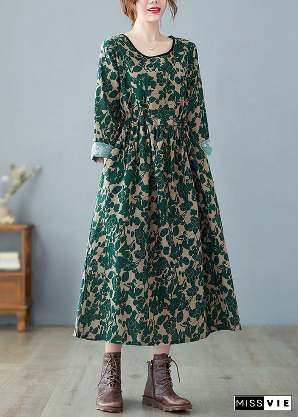 Vintage Green O-Neck Print Linen Dress Spring