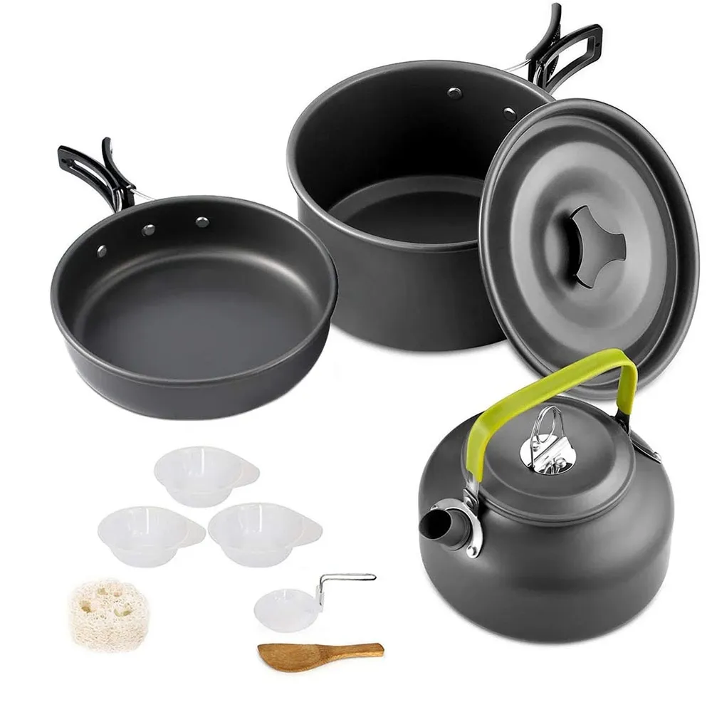 Portable Camping Cookware Set with Aluminum Outdoor water Kettle Cooking Pot Pan cups for travel hiking