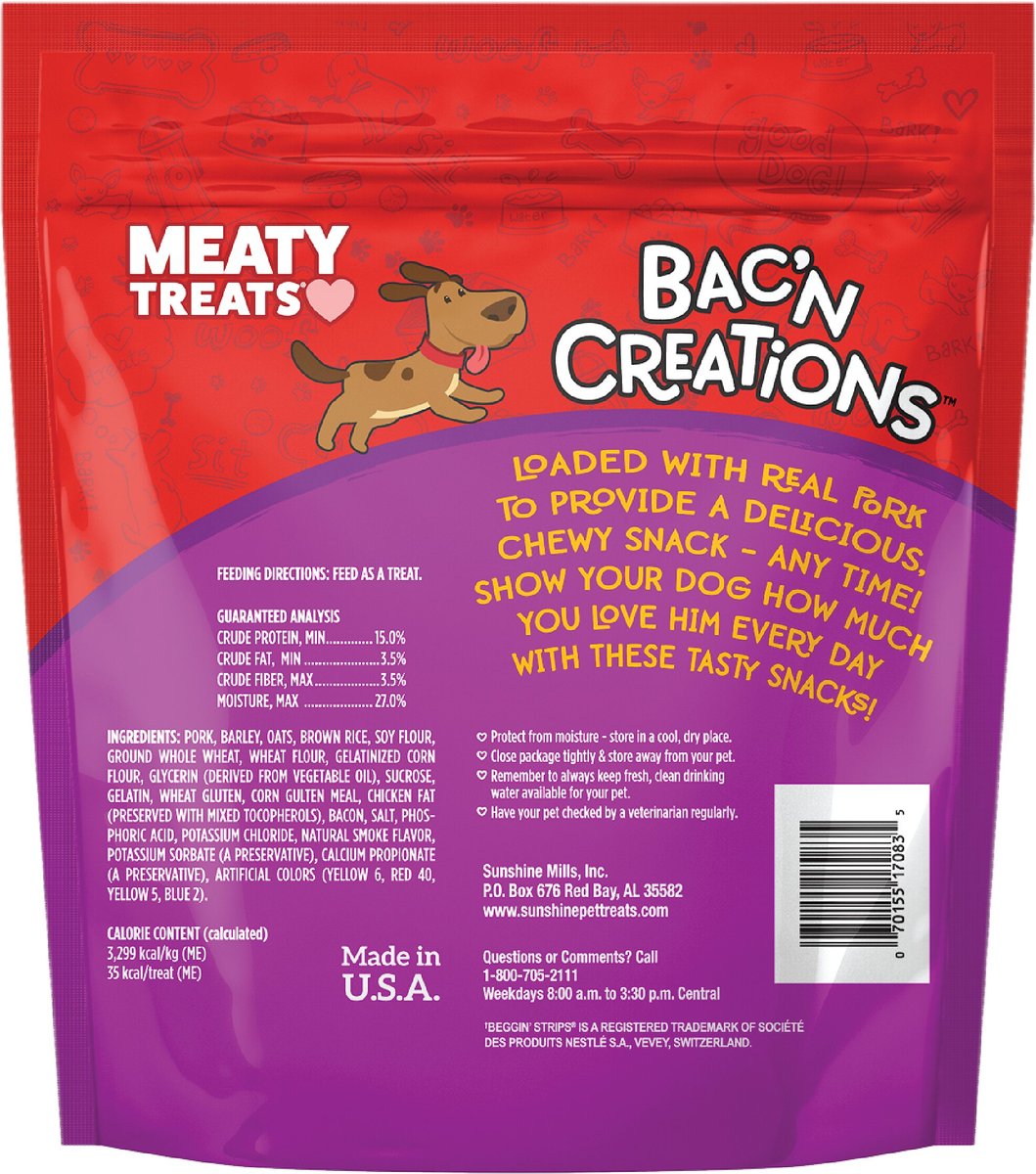 Meaty Treats Bac'n Creations Bacon Flavor Strips Soft and Chewy Dog Treats