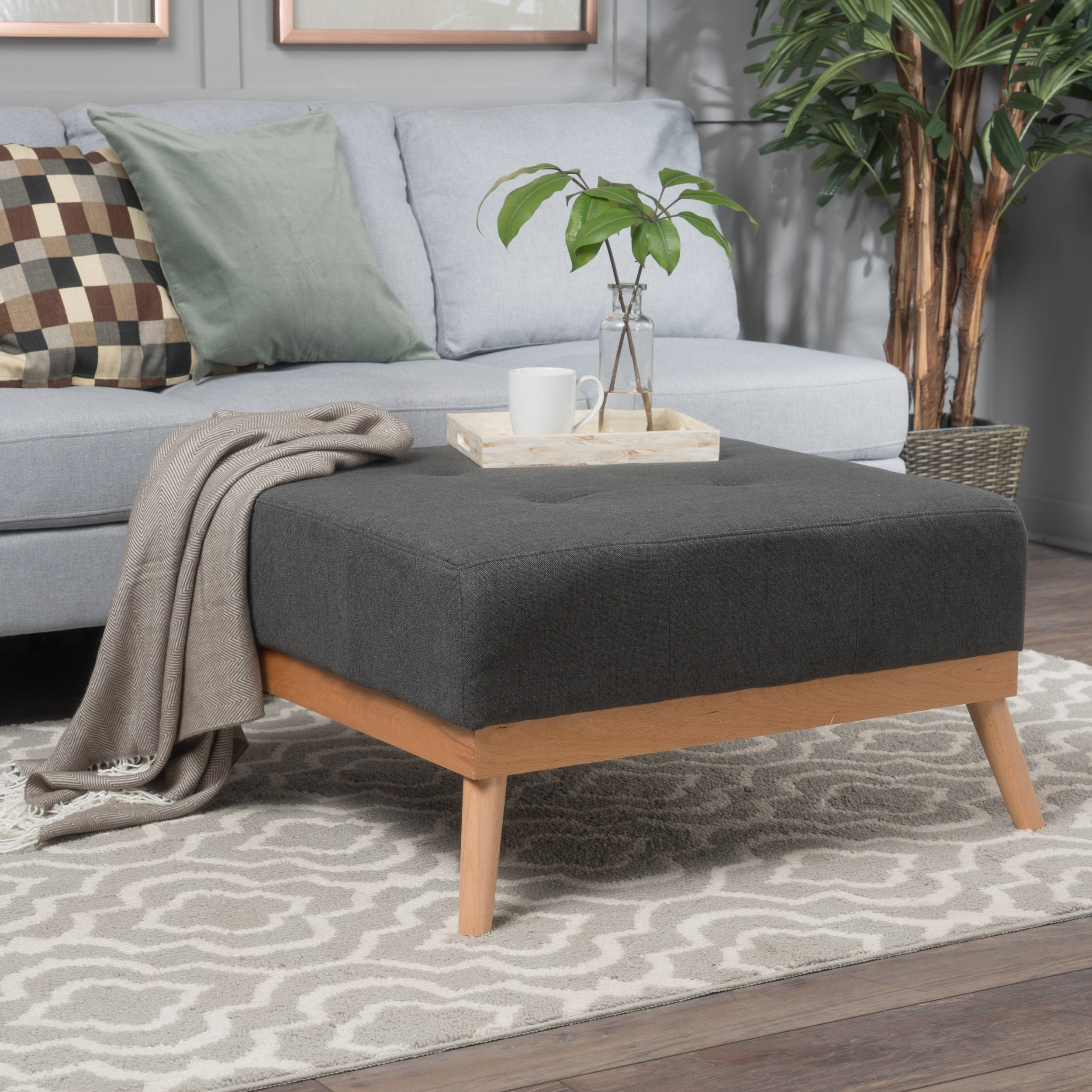 Lou Mid-Century Oxford Gray Fabric Ottoman