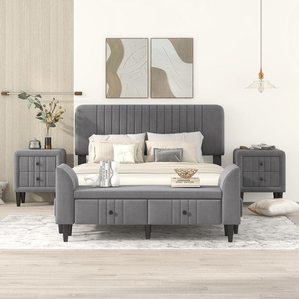 4-Pieces Upholstered Bedroom Sets w/ Platform Bed and 2 Nightstands and Storage Bench - - 37522169