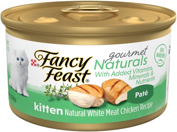 Fancy Feast Gourmet Naturals White Meat Chicken Recipe Grain-Free Pate Kitten Canned Cat Food， 3-oz can， case of 12