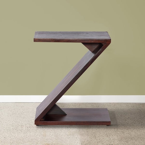 24 Inch Rectangular Mango Wood Side Table， Z Shaped Frame， Dark Brown