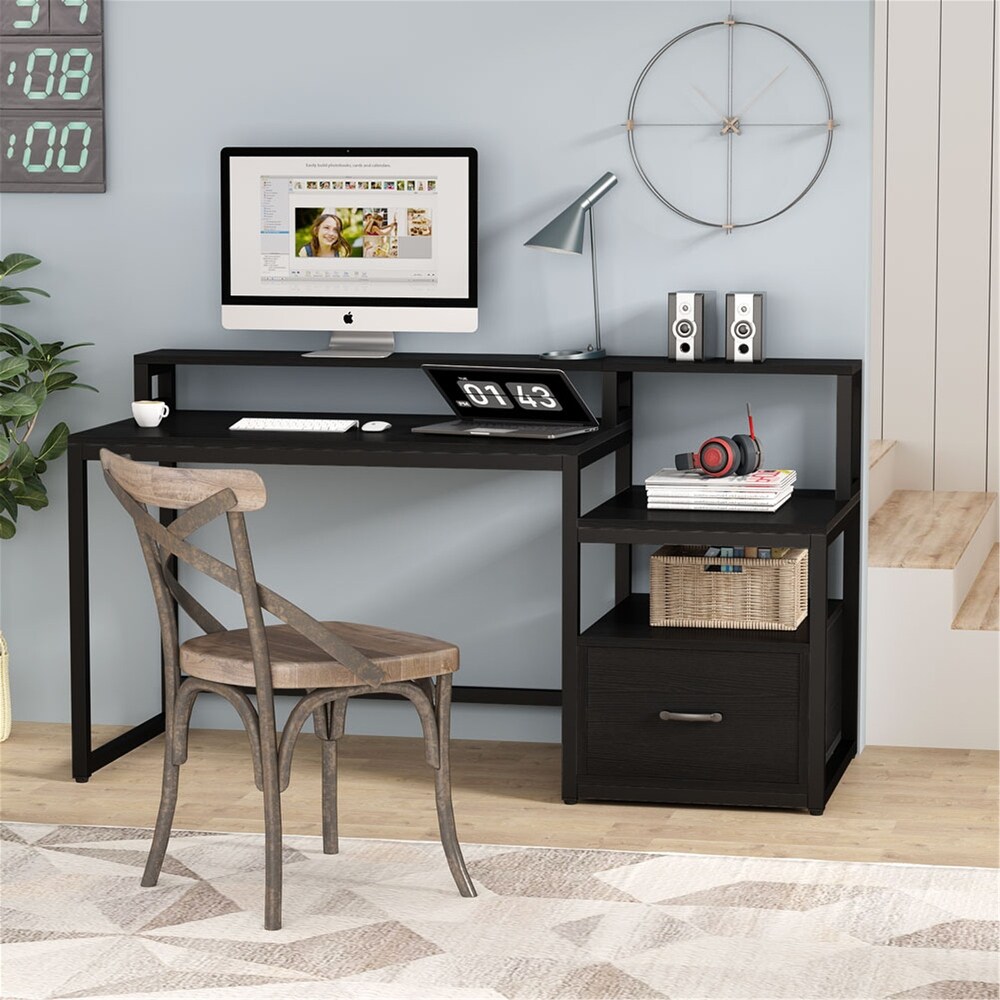 59 Inches Computer Desk with File Drawer and Storage Shelves