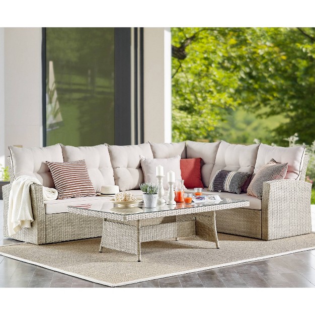 3pc All weather Wicker Canaan Large Outdoor Sectional Sofa With Cushions Brown Alaterre Furniture