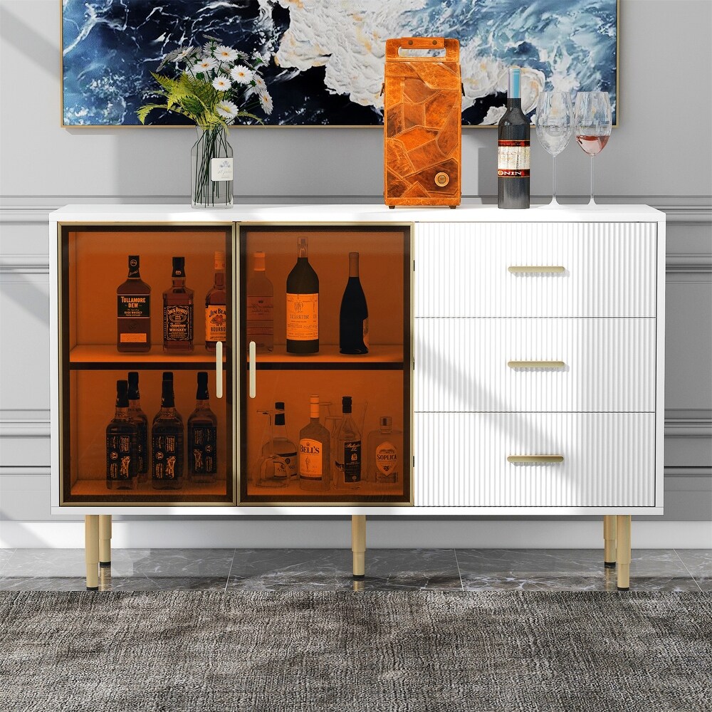 Modern Buffet Cabinet Marble Sticker Tabletop and Amber with Gold Legs