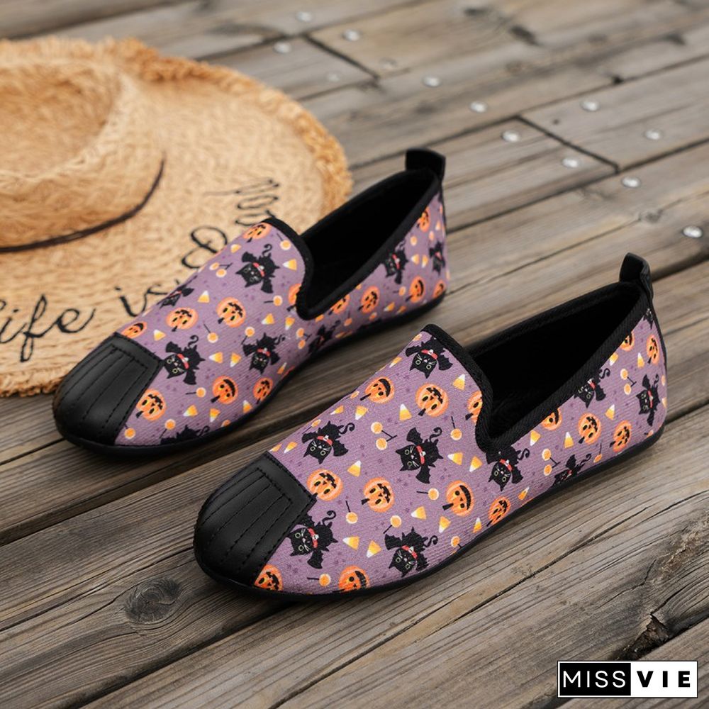 Halloween Purple Casual Patchwork Printing Round Comfortable Flats Shoes