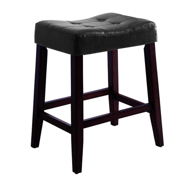 Wooden Stools with Saddle Seat and Button Tufts， Set of 2， Black and Brown