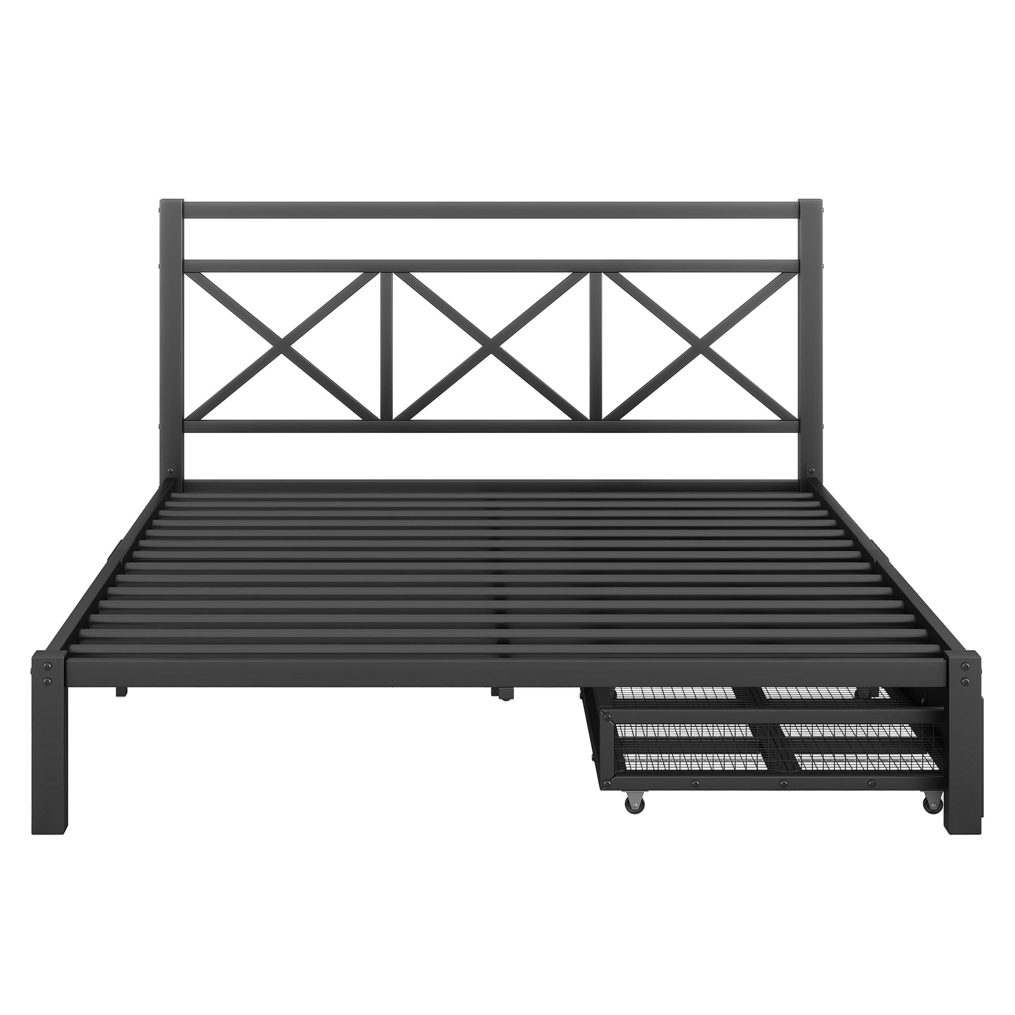 Metal Queen Size Platform Bed with Two Drawers for Living Room, Black