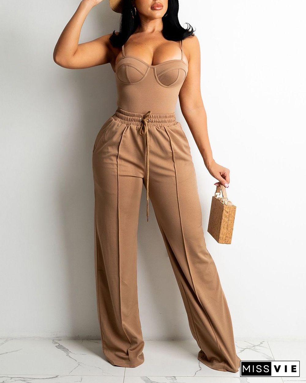 Zipper Back Cami Top & Wide Legs Contrast Pipping Pants Set