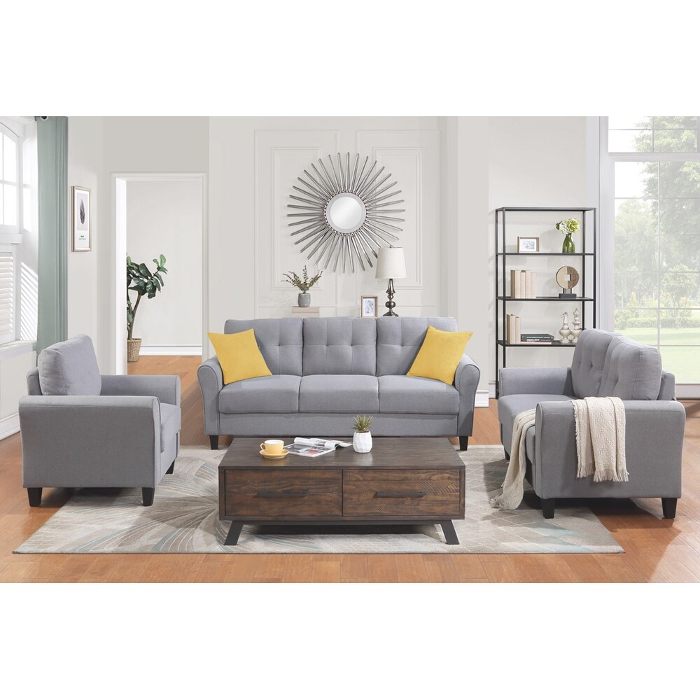 Button Tufted Linen Sofa Set with High Resilience Foam Cushions