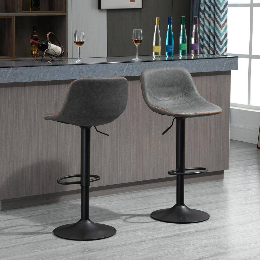 HOMCOM 41.75 in. Grey Low Back Metal Bar Height Swivel Bar Stool with PU Leather Seat (Set of 2) 835-327GY