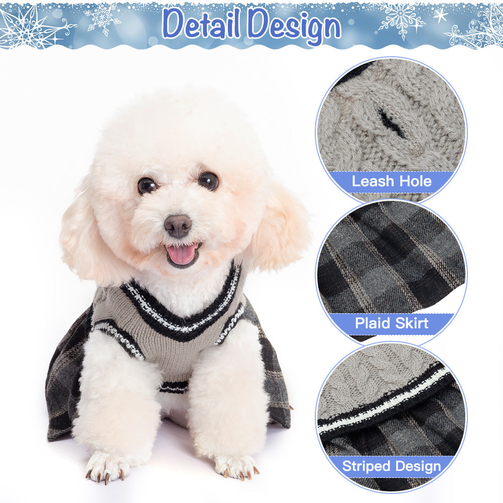 Pupteck Cute Dog Sweater Dress - Warm Pullover Puppy Cat Knit Clothes with Classic Plaid Pattern