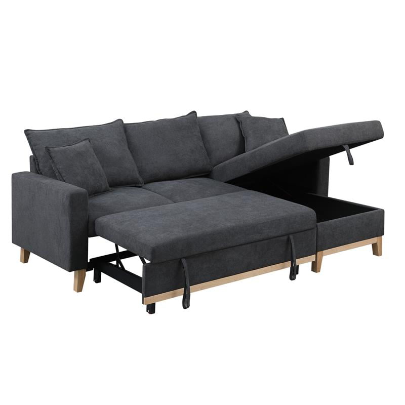 Bowery Hill Dark Gray Fabric Reversible Sleeper Sectional with Storage Chaise