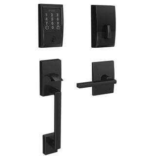 Schlage Century Encode Smart Wifi Deadbolt Door Lock with Alarm and Latitude Lever Handleset in Matte Black FE489CEN622LAT